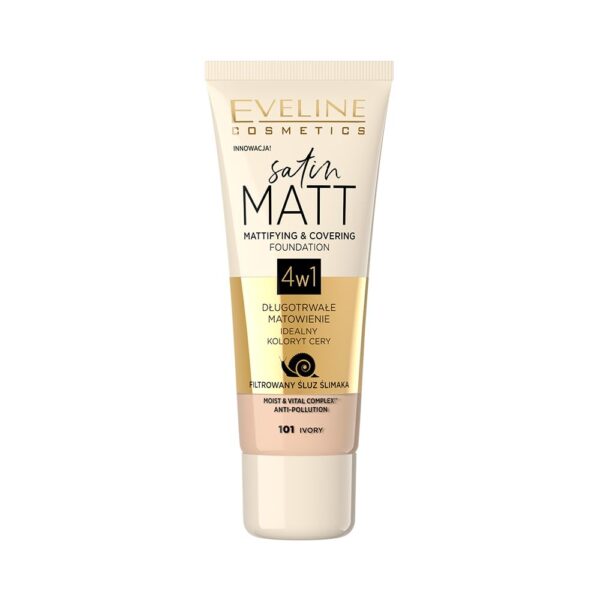 Eveline Cosmetics Satin Matt Matte Foundation No. 103 Natural - Velvety Finish, Buildable Coverage, Minimizes Pores & Conceals Imperfections, 30 ML