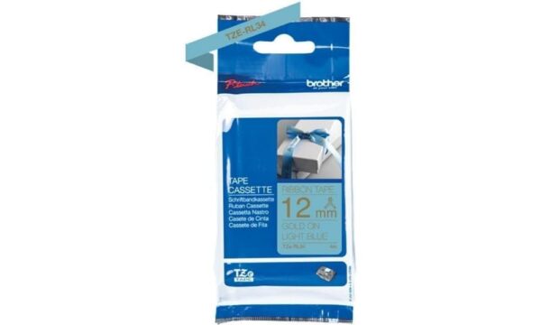 Brother TZe-RL34 Labelling Tape Cassette, Gold on Light Blue, 12mm (W) x 4M (L), Ribbon Tape, Brother Genuine Supplies