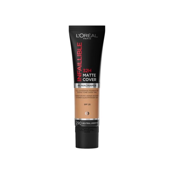 L'Oreal Paris Cover Liquid Foundation, With 4% Niacinamide, Long Lasting, Natural Finish, Available in 20 Shades, SPF 25, Infallible 32H Matte Cover, Shade 290, 30ml