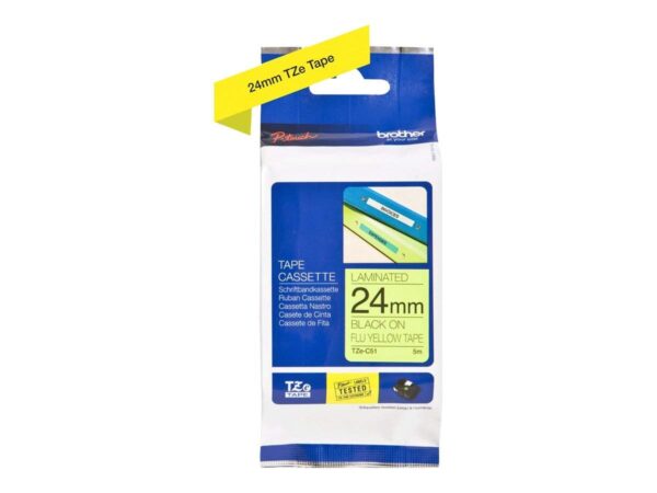 Brother TZe-C51 Labelling Tape Cassette, Black on Fluorescent Yellow, 24 mm (W) x 5 m (L), Laminated, Brother Genuine Supplies