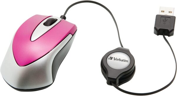 Verbatim Go Mini - USB Optical Travel Mouse with Retractable Cable, hot pink, 99999