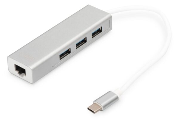 DIGITUS USB 3.0 Type C 3-Port Hub with Gigabit Ethernet Adapter, 3x USB A, 1x RJ45 LAN, Silver