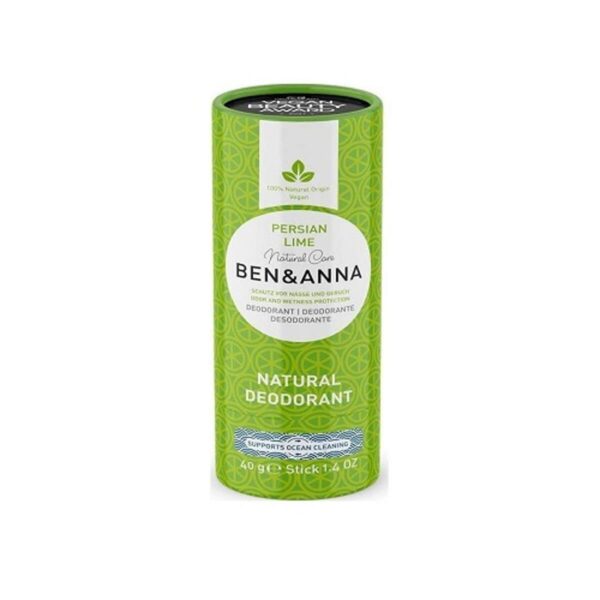 BEN&ANNA Papertube Persian Lime Deodorant Vegan and certified natural cosmetics in paper packaging Without plastic Winner: Peta Vegan Award as the best sustainable brand Made with love in Germany.