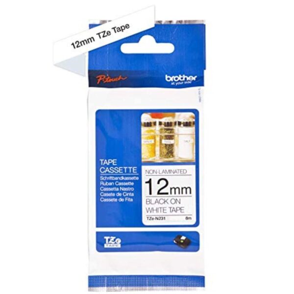 Brother TZe-N231 Labelling Tape Cassette, Black on White, 12mm (W) x 8M (L), Non-Laminated, Brother Genuine Supplies TZEN231