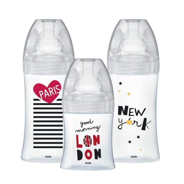 Dodie Naissance Kit – 3 Anti-Colic Sensation+ Glass Bottles (1 x 150 ml, 2 x 270 ml) – Flat Teat – BPA Free – City, NYC Paris London