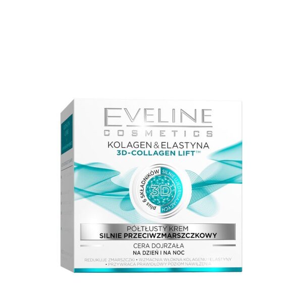 Eveline Cosmetics Kolagen & Elastyna Advanced Anti-Wrinkle Cream for Mature Skin, Day/Night Formula with Six Firming Ingredients - Vegan, 50ml