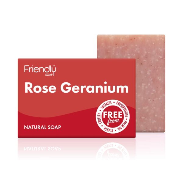 Friendly Soap - Heavenly Scent Rose Geranium (95g), Plant-Based, Cruelty-Free, Made By Hand, No Preservatives or Sulphates, Sustainable