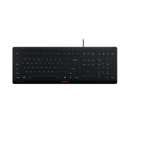 CHERRY STREAM PROTECT KEYBOARD, Wired Keyboard with Removable Silicon Keyboard Protection, EU Layout (QWERTY), Flat Design, Disinfectable, Black