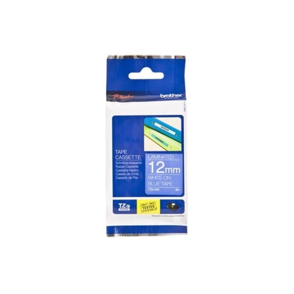 Brother TZe-535 Labelling Tape Cassette, 12 mm (W) x 8 m (L), Laminated, Brother Genuine Supplies - White on Blue