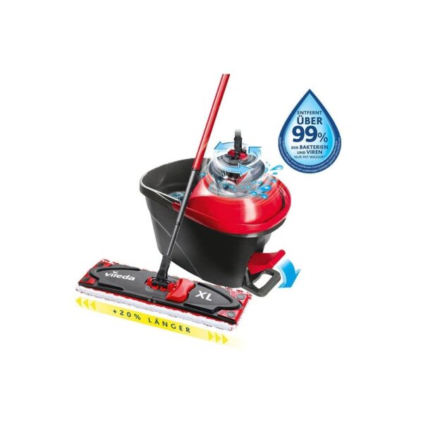 Vileda Ultramax XL Turbo 2-in-1 floor mop complete set, extra wide mop with handle, microfiber cover and bucket with power spinner, for all hard floors, wiper plate 42 cm, handle length 75-130 cm