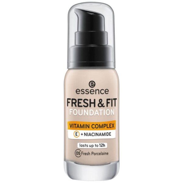 essence cosmetics Fresh & Fit Foundation, Make Up, No. 05 Fresh Porcelaine, Nude, Nourishing, Smoothing, with Vitamins, Natural, Vegan, Paraben-Free, Microplastic Particles Free (30 ml)