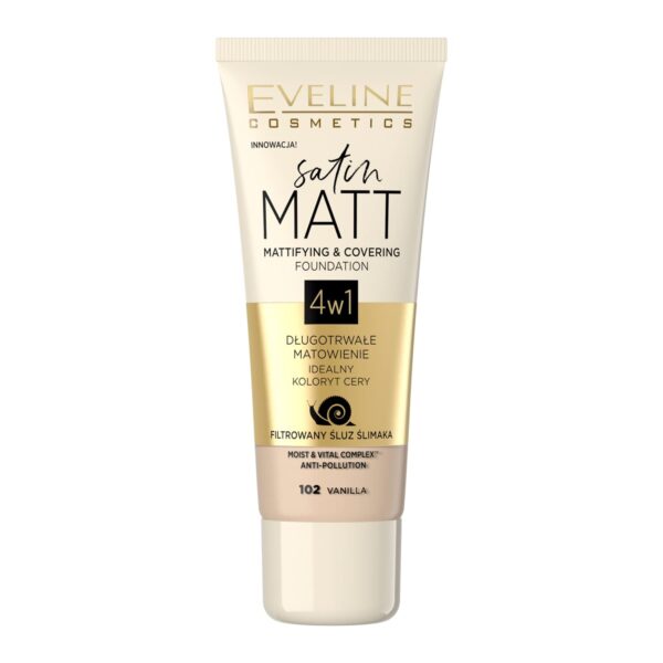 Eveline Cosmetics Satin Matt Matte Foundation No. 102 Vanilla - Velvet Texture, Pore Minimizing, Snail Mucin Enriched, 30 ml