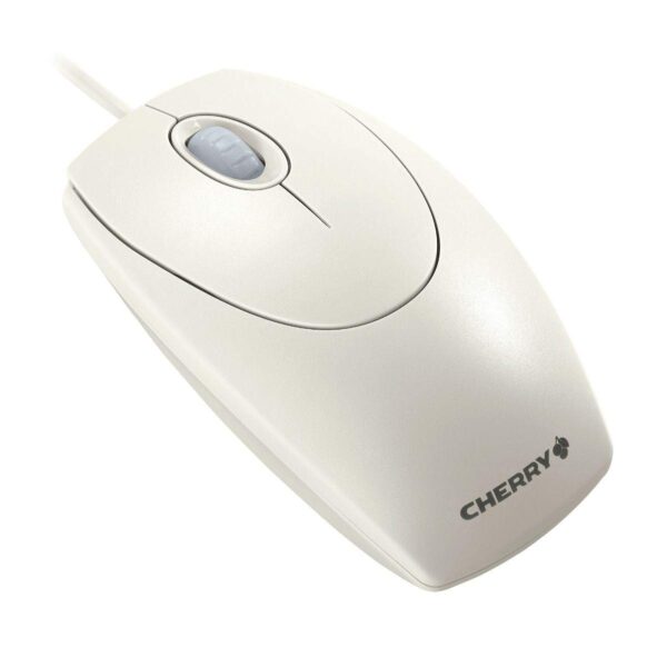 CHERRY WheelMouse, Wired Mouse, Symmetrical Design for Right and Left-Handers, Optical Sensor, USB Connection, PS/2 Adapter Included, Light Grey