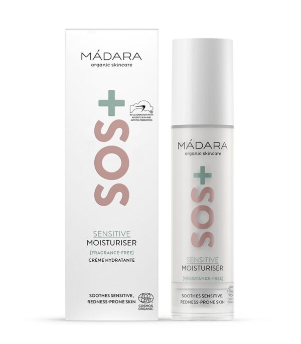 MÁDARA Organic Skincare | SOS+ SENSITIVE Moisturiser, 50ml – Lightweight sensitive skin moisturiser for redness-prone and reactive complexions, With hyaluronic acid and red algae, Fragrance-free