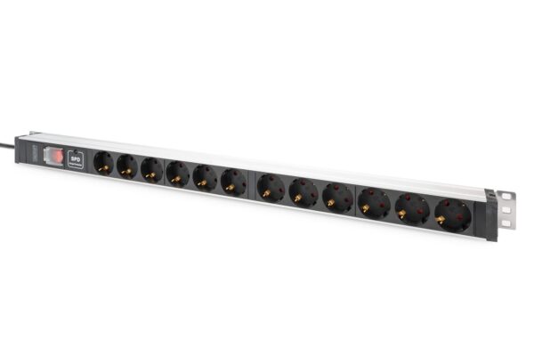 DIGITUS 1HE Aluminium PDU, Rack Mount, 12 x earthed Contact 16A, 230VAC, 50/60Hz, overvoltage, Switch