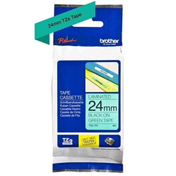 Brother TZe-751 - Black on green - Roll (2.4 cm x 8 m) 1 cassette(s) laminated tape - for Brother PT-D600, P-Touch PT-3600, D800, E550, P750, P900, P950, P-Touch Cube Plus PT-P710