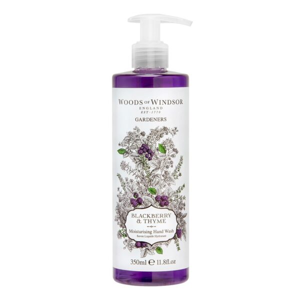 Woods of Windsor Blackberry and Thyme Hand Wash, Moisturising Soap with Notes of Rosemary and Green Tea, Liquid Hand Soap with Pump to Help Soften and Moisturise Skin, Blackberry and Thyme Scent 350ml