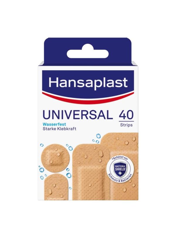 Hansaplast Universal Plasters (40 Strips), Dirt-Repellent and Water-Repellent Wound Plaster Set with Strong Adhesive Power & Bacteria Shield