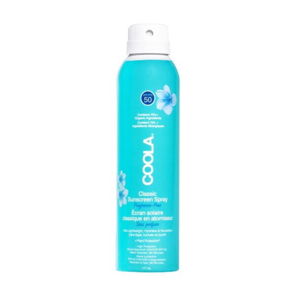 Coola Classic SPF 50 Body Sun Cream Spray, 70 Percent + Organic Sunscreen with Broad Spectrum UVA/UVB Protection, Reef Friendly and Vegan, Fragrance Free, 177 ml