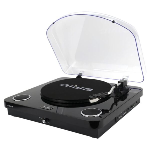 Aiwa GBTUR-120BKMKII Bluetooth Turntable with Encoding, 3 Speed, FM Radio, USB, SD Direct Convert Vinyl to Digital, Color: Black