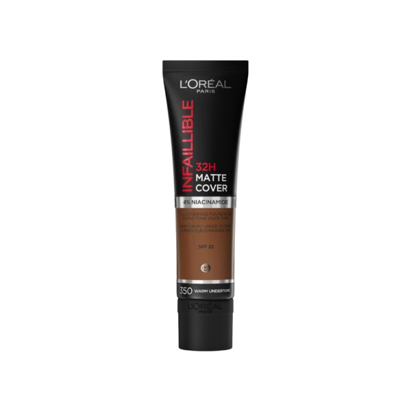 L'Oreal Paris Cover Liquid Foundation, With 4% Niacinamide, Long Lasting, Natural Finish, Available in 20 Shades, SPF 25, Infallible 32H Matte Cover, Shade 350, 30ml