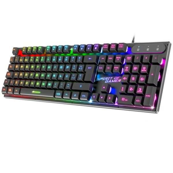 Spirit Of Gamer x Pro K1 | Semi-Mechanical Wired Gaming Keyboard for PC | Spanish QWERTY Layout | 26 Anti-Ghosting Keys | 3 RGB Backlight Modes | Slim USB Gaming Keyboard