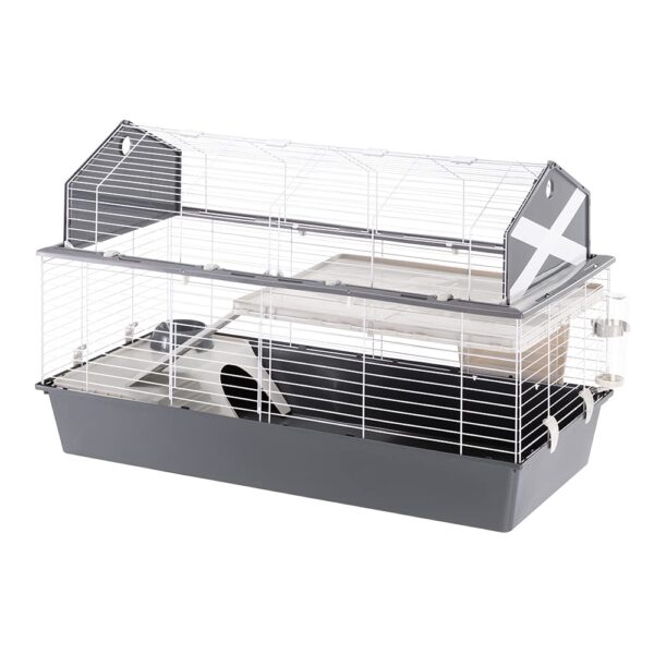 Ferplast Large rabbit cage BARN 120 Small pet home, American Barn Setting, Fully opening roof, Accessories and decorative stickers included, 119 x 58 x h 77 cm Grey