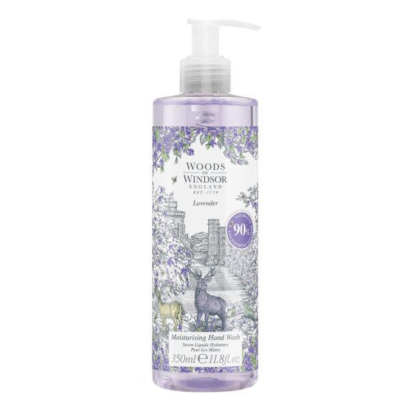 Woods of Windsor Lavender Hand Wash, Moisturising Soap with Notes of Patchouli and Musk, Liquid Hand Soap with Pump to Help Soften and Moisturise Skin, Lavender Scent 350ml