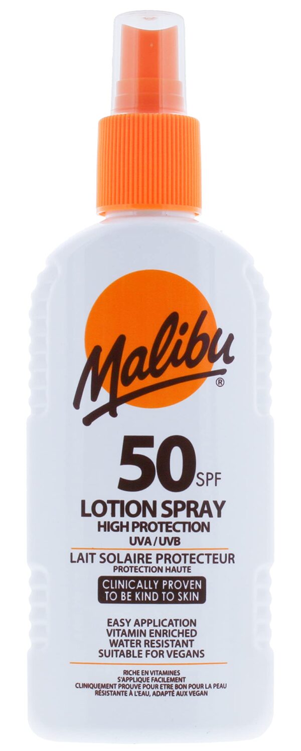 Malibu High Protection Water Resistant Vitamin Enriched SPF 50 Sun-Screen Lotion Spray with Shea Butter Extract, 200ml