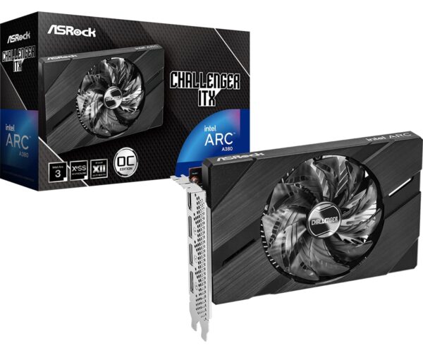 ASRock Intel Arc A380 Challenger ITX 6GB OC, 6GB DDR6, PCIe4, HDMI, 3 DP, 2250MHz Clock, 0dB Cooling, Compact Design