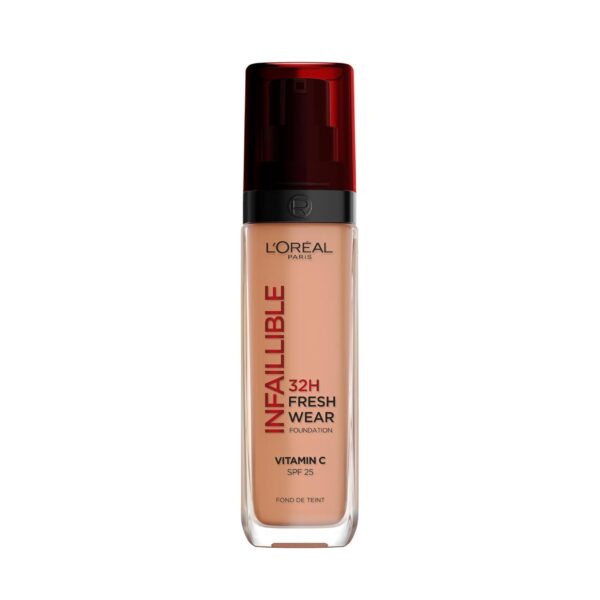 L'Oréal Paris Liquid Foundation, Full Coverage, Lasting Wear, With Vitamin C and SPF 25, Infallible 32H Fresh Wear, 300 Amber Beige