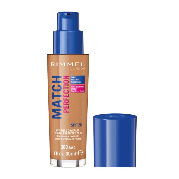 Rimmel Match Perfection Foundation 300 Sand, lMedium Coverage, 24hr Hydration, No Caking or Creasing, Lightweight, Reduces Imperfections, Invisible Coverage, SPF20, Cruelty Free