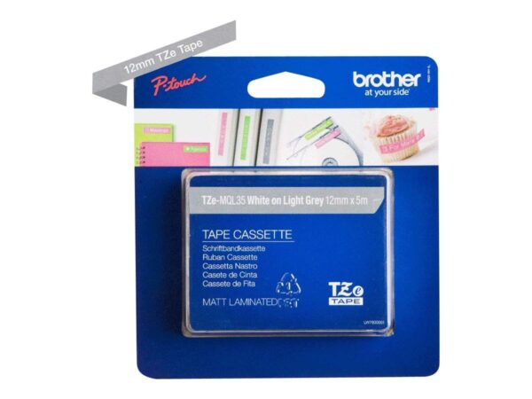 Brother TZe-MQL35 Labelling Tape Cassette, White on Matt Light Grey, 12 mm (W) x 5 m (L), Laminated, Brother Genuine Supplies