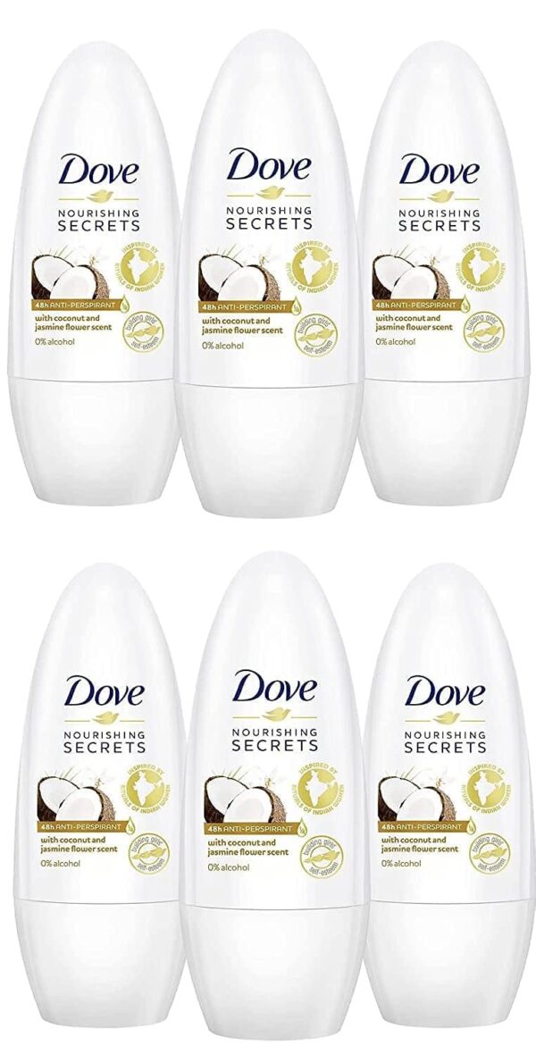 6x Dove COCONUT and JASMINE FLOWER 48H Ant-Perspirant Roll On 50ml