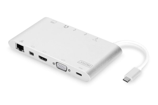 DIGITUS Multiport Docking Station - USB-C Dock 11 Ports - Audio/Video, RJ45, 3x USB 3.0, Charging Port, Card Reader - Silver