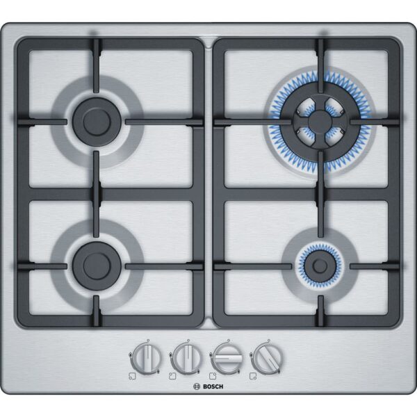 Bosch Gas Hob, Series 4, 60 cm, Wok Burner, Biomethane Compatible, Steel, PGH6B5B90