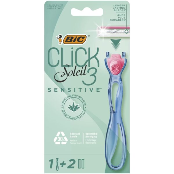 Bic Click 3 Soleil Sensitive Refillable Women's Razor, 30% Recycled Plastic Handle and 3-Blade Refills - Box of 1+2