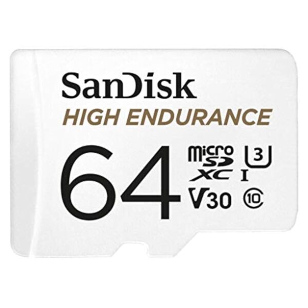 SanDisk HIGH ENDURANCE Video Monitoring for Dashcams & Home Monitoring 64 GB microSDXC Memory Card + SD Adaptor, Up to 100 MB/s read and 40 MB/s Write, Class 10, U3, V30, White