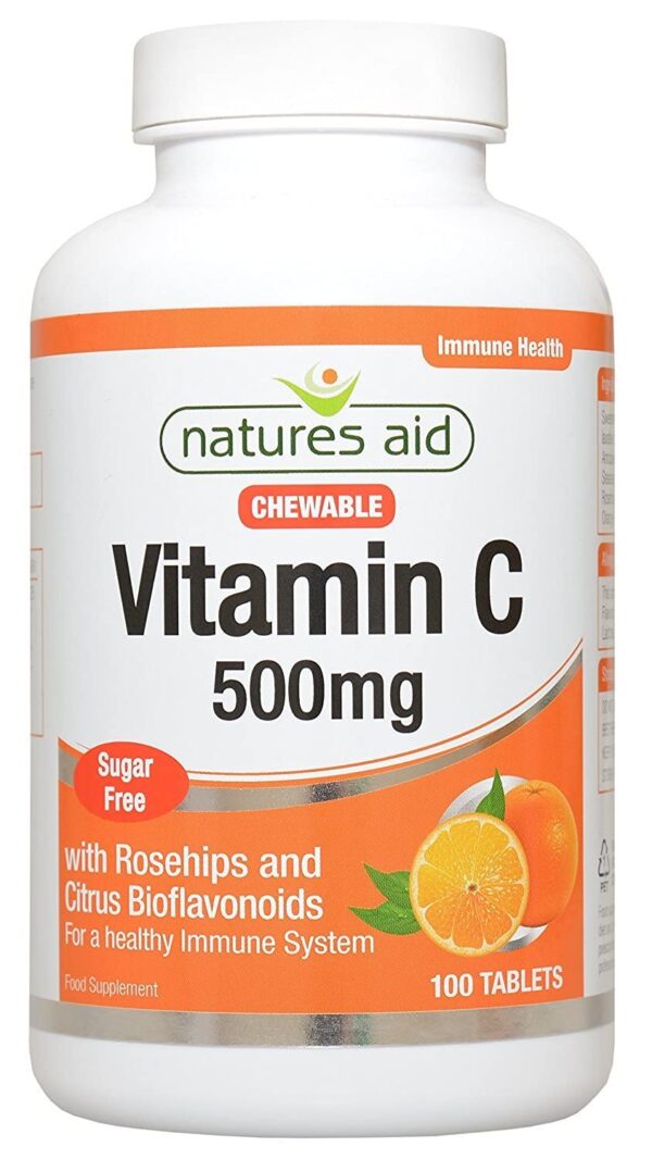 Natures Aid Vitamin C 500mg Sugar Free Chewable (with Rosehips & Citrus Bioflavonoids) 100 Tabs