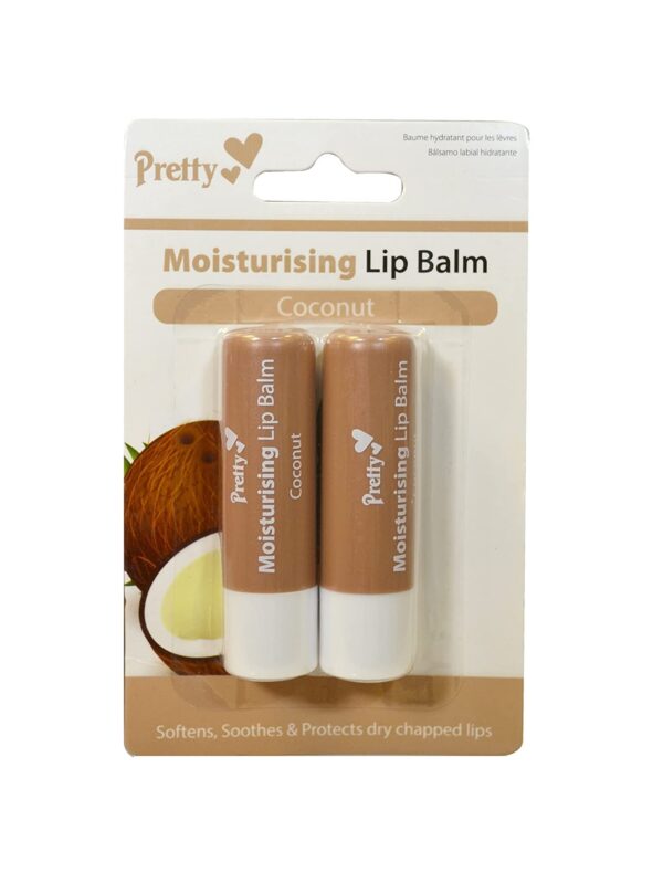 2 x Coconut Moisturising Lip Balm Tubes by Pretty - Softens, Soothes & Protects Dry Chapped Lips - 2 x 4.3g