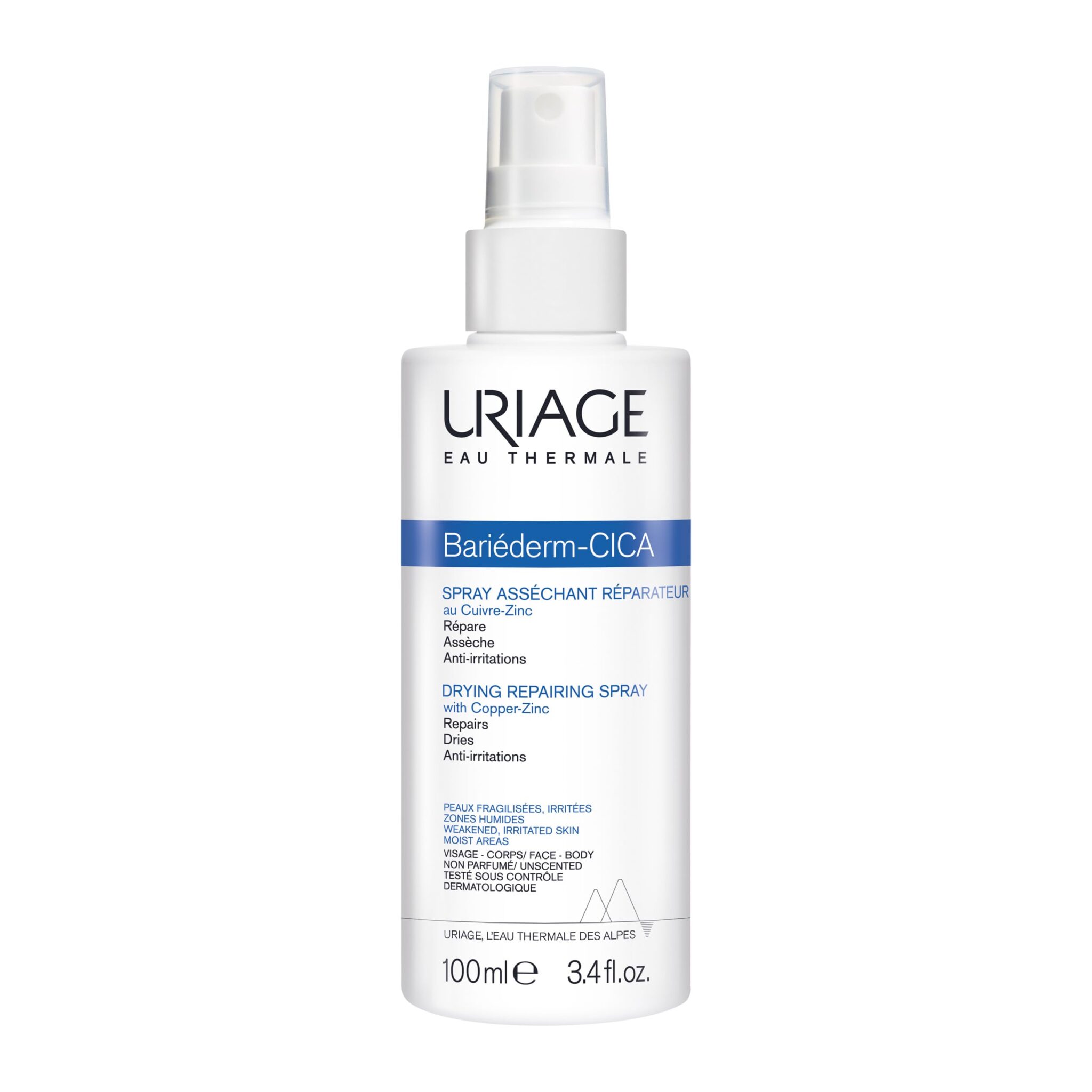 Uriage Bariéderm-CICA Drying Repairing Spray With Cooper-Zinc 100ml - Absorbs Excess Moisture and Dries Out Wet, Oozing Areas - Calms, Purifies & Soothes Skin Folds