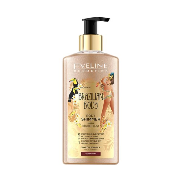 Eveline Cosmetics Brazilian Body Shimmer Lotion with Gold Glitter & Natural Oils Argan, Macadamia and more