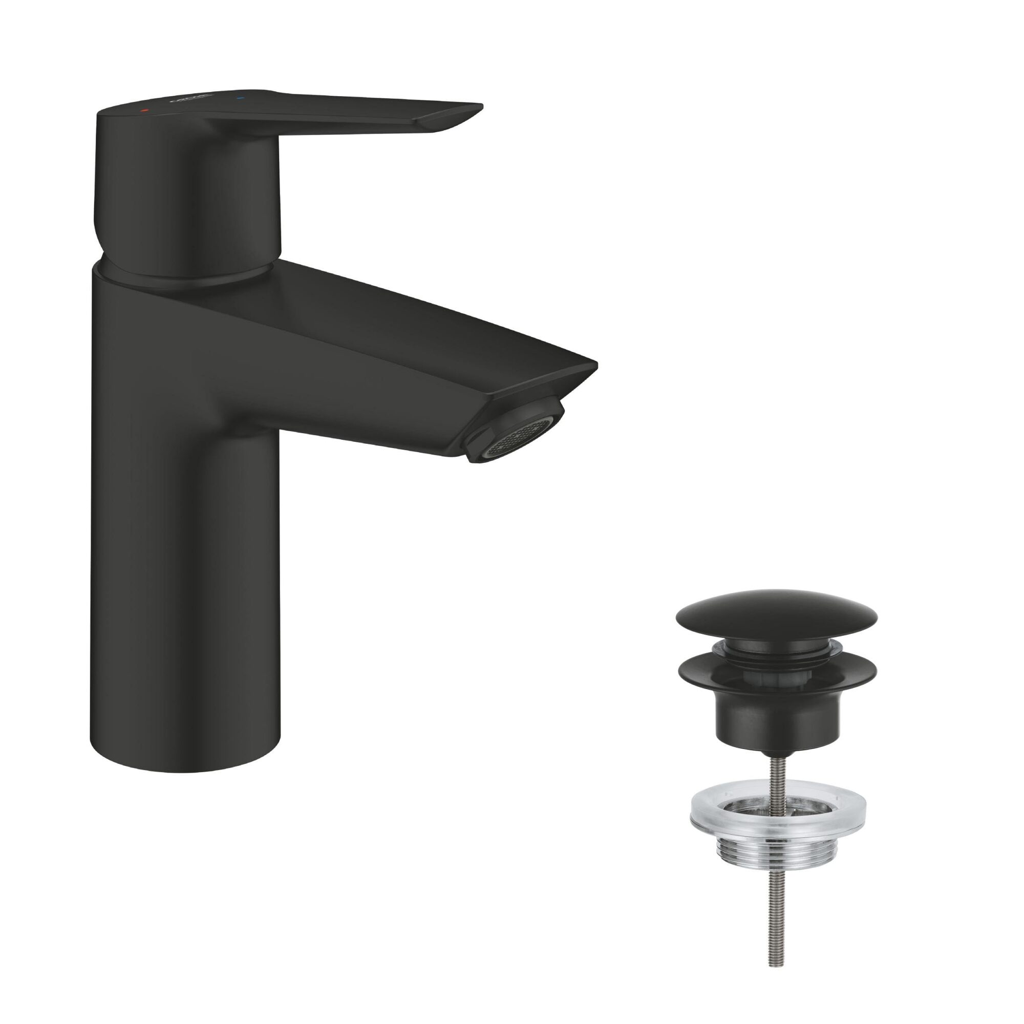 GROHE Start - Smooth Body Basin Mixer Tap with Push-Open Pop-Up Waste Set (Metal Lever, 28 mm Ceramic Cartridge, Energy and Water Saving Technology, Tails 3/8 Inch), Size 165 mm, Matt Black, 235512432