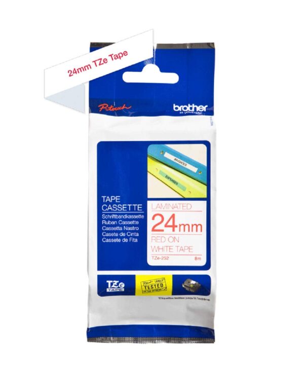 Brother TZe-252 Labelling Tape Cassette, 24 mm (W) x 8 m (L), Laminated, Brother Genuine Supplies - Red on White