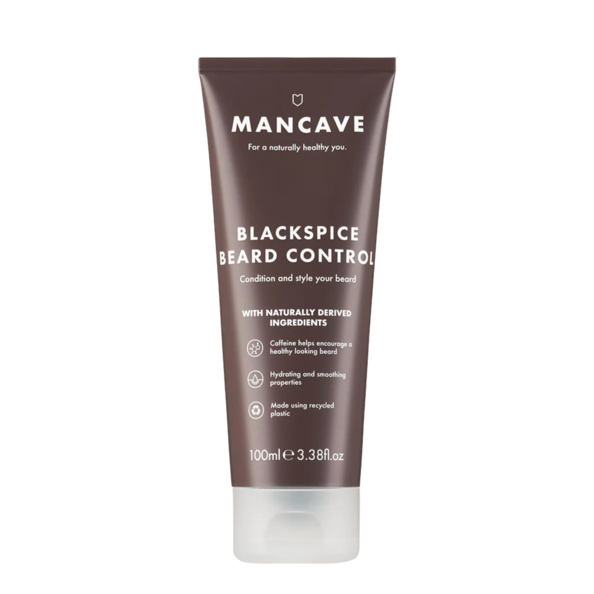 ManCave Blackspice Beard Control 100ml, Condition and style your beard with L-Arginine, Hemp oil and Shea Butter, Encourages beard growth, Vegan Friendly, Made from Recycled Plastics, Made in England