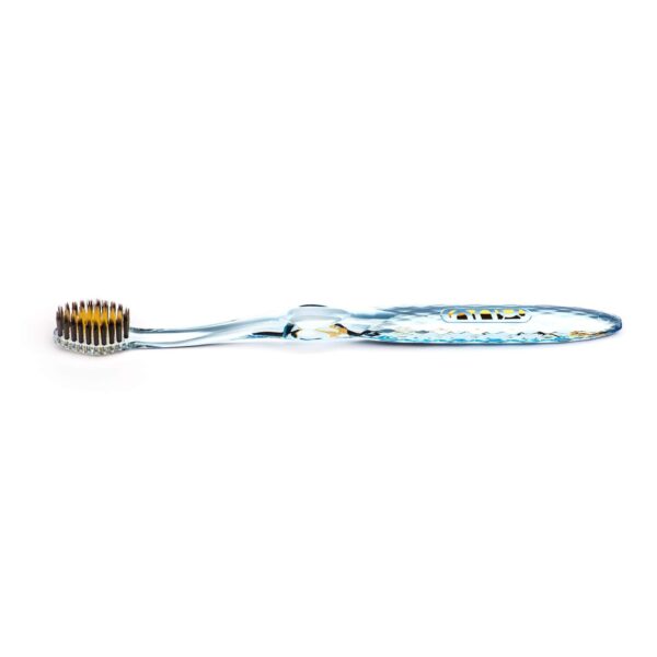 Nano-b Antibacterial Manual Toothbrush【Gold & Bamboo Charcoal】 Blue Handle - Pro Head, Soft Medium Bristles - Against Bleeding, Sensitive Teeth Gum - Deep Clean Plaque Removal - Travel Case