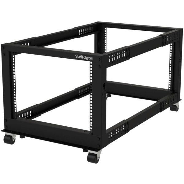 StarTech.com 4-Post 8U Mobile Open Frame Server Rack, 19in Network Rack with Wheels, Small Rolling Rack for Computer/AV/Data/IT Equipment, Casters, Leveling Feet or Floor Mounting (4POSTRACK8U)