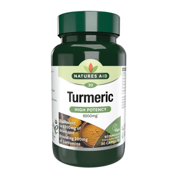 Natures Aid Turmeric 8200 mg, High Potency Extract plus Whole Herb, 200 mg Curcumins, Vegan, 30 Capsules