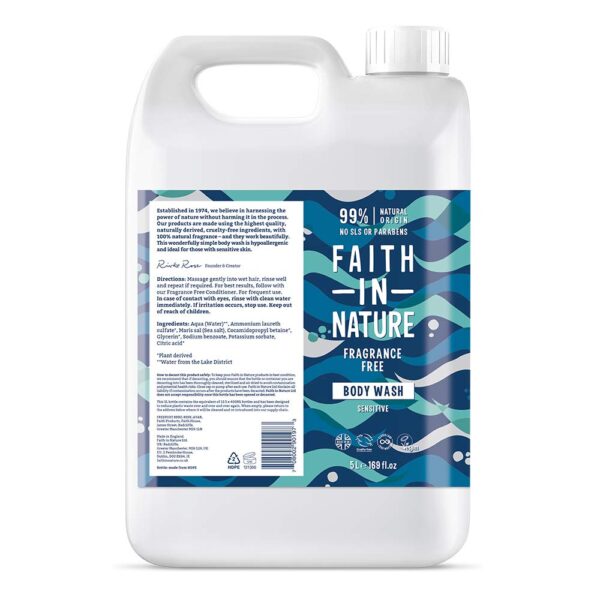 Faith In Nature Natural Fragrance Free Body Wash, Sensitive, Vegan & Cruelty Free, No SLS or Parabens, 5L Refill Pack