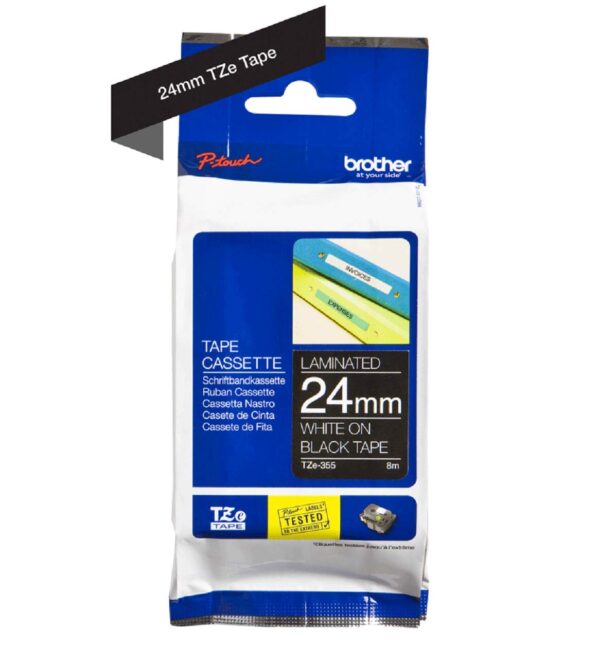 Brother TZe-355 Labelling Tape Cassette, White on Black, 24mm (W) x 8M (L), Laminated, Brother Genuine Supplies